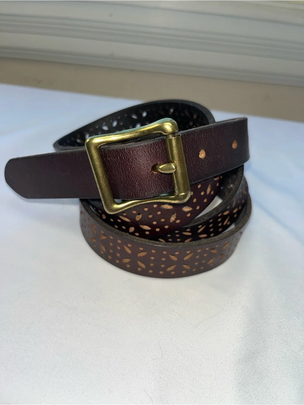 Black Men's Leather Belt with Cutout Pattern‎ and Brass Buckle 2XL